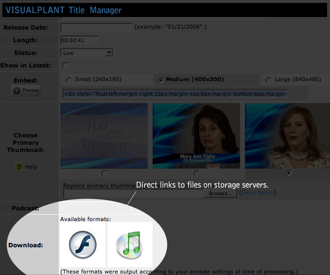 Screenshot of VISUALPLANT Title Manager file storage download links